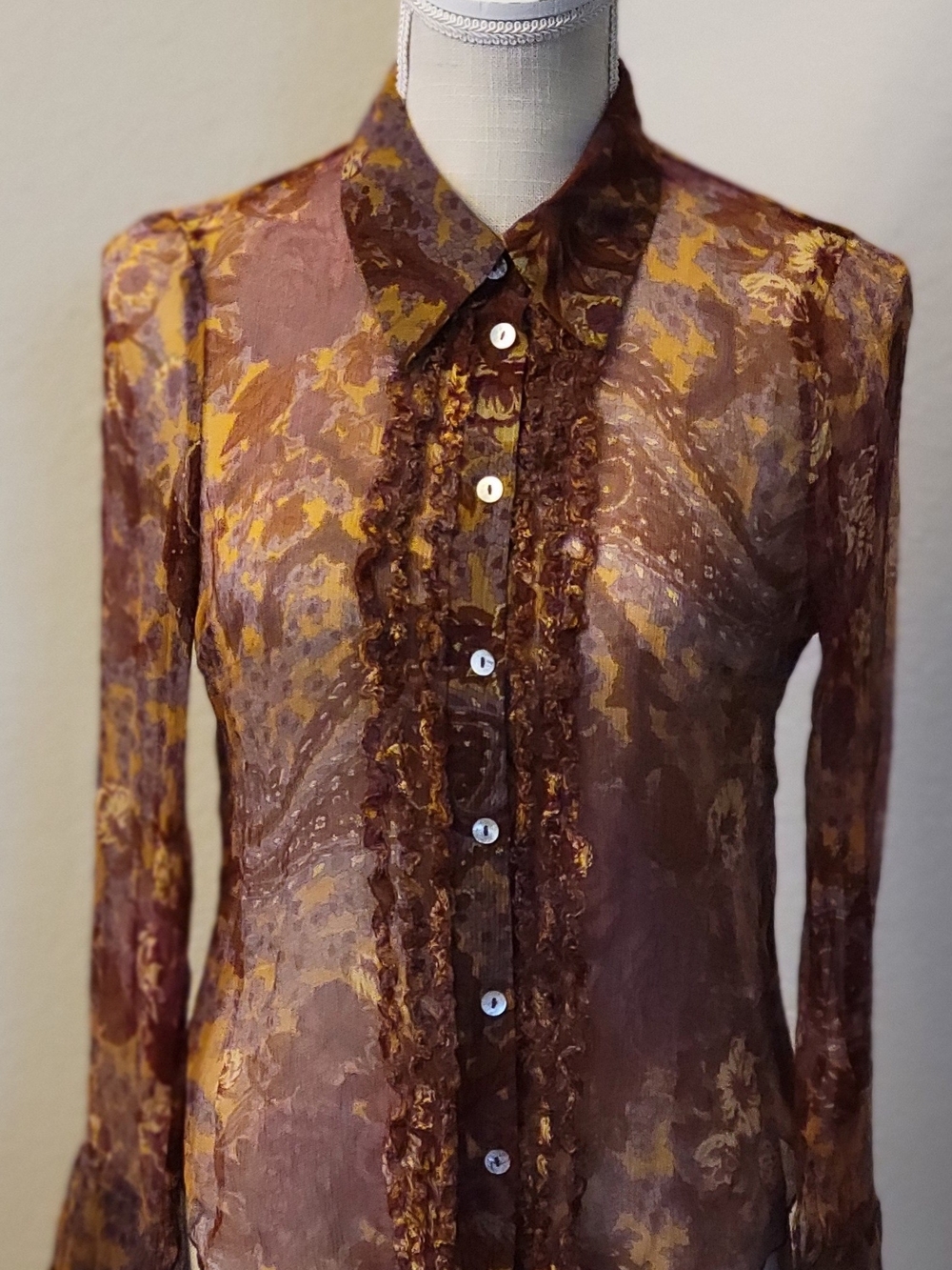 Vintage Y2K Bebe Sheer Ruffle Blouse Abstract Floral M Late 90s Made In USA